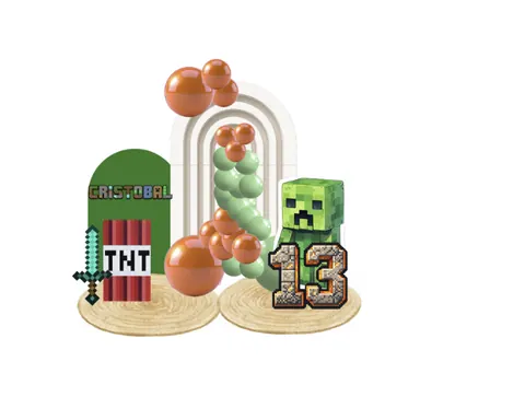 Boceto digital de decoración temática Minecraft: arco verde, TNT, espada y creeper
